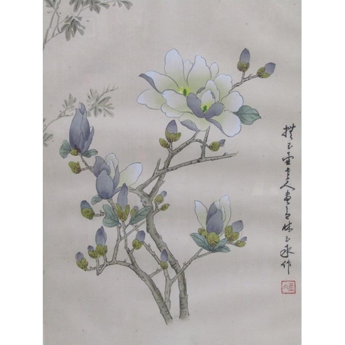 1108 - FOUR JAPANESE F/G PAINTINGS ON SILK - BIRDS AND BLOSSOM, SIGNED, EACH APPROX 46CM X 25CM