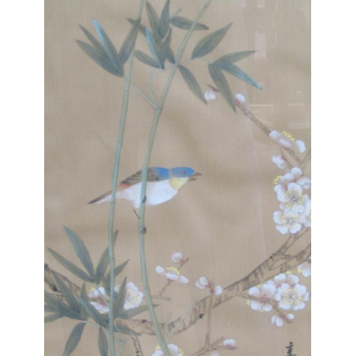 1108 - FOUR JAPANESE F/G PAINTINGS ON SILK - BIRDS AND BLOSSOM, SIGNED, EACH APPROX 46CM X 25CM