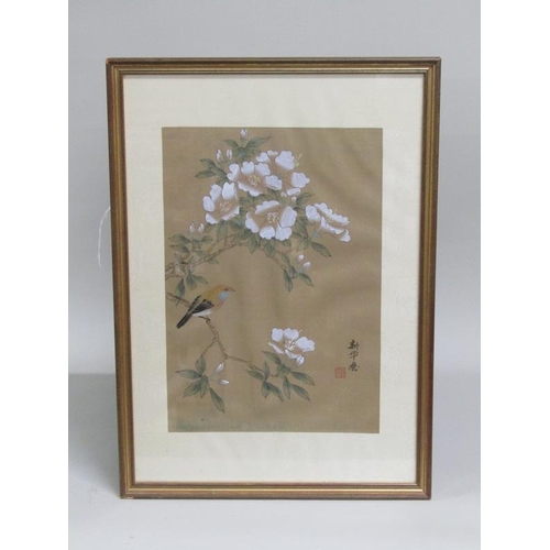 1108 - FOUR JAPANESE F/G PAINTINGS ON SILK - BIRDS AND BLOSSOM, SIGNED, EACH APPROX 46CM X 25CM