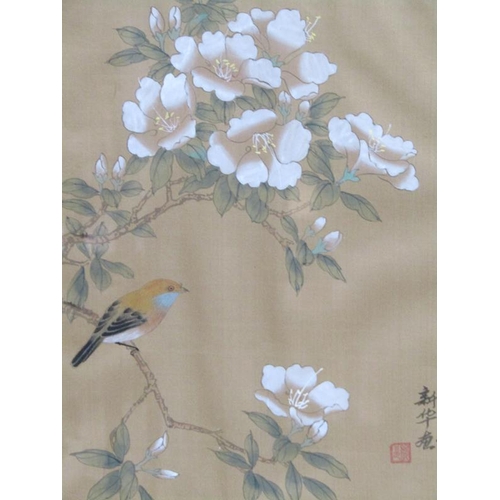 1108 - FOUR JAPANESE F/G PAINTINGS ON SILK - BIRDS AND BLOSSOM, SIGNED, EACH APPROX 46CM X 25CM