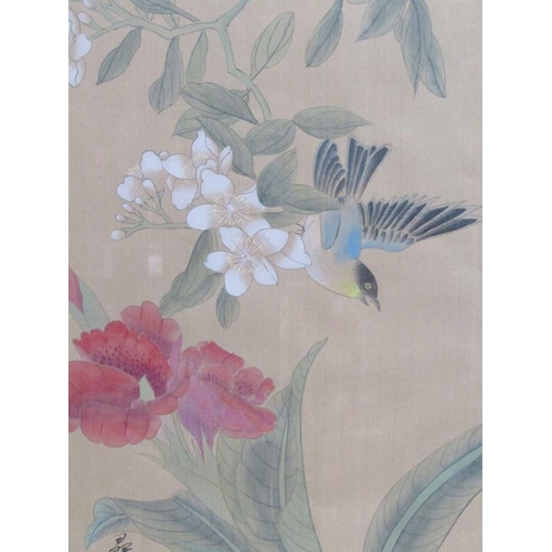 1108 - FOUR JAPANESE F/G PAINTINGS ON SILK - BIRDS AND BLOSSOM, SIGNED, EACH APPROX 46CM X 25CM