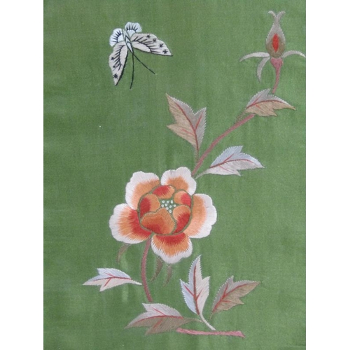 1109 - LATE 19C ORIENTAL SILK WORK PICTURE - BUTTERFLY AND FLOWERS, FRAMED, 28CM X 24CM