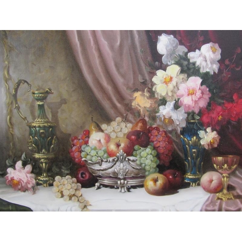 1113 - BELA BULOOGH - STILL LIFE, FRUIT FLOWERS AND WINE, SIGNED OIL ON CANVAS, FRAMED, 60CM X 90CM