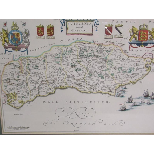 1116 - FIVE F/G COPIES OF ANTIQUE MAPS BY JOHAN BLAEU AND OTHERS - SOMERSET, SURREY, SUSSEX, ENGLAND AND GU... 