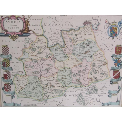 1116 - FIVE F/G COPIES OF ANTIQUE MAPS BY JOHAN BLAEU AND OTHERS - SOMERSET, SURREY, SUSSEX, ENGLAND AND GU... 