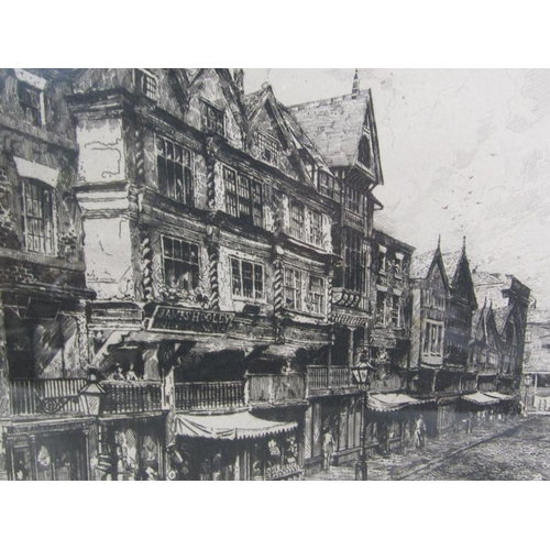 1117 - F/G B&W ENGRAVING OF OLD HOUSES IN BRIDGE STREET, CHESTER, 19CM X 25CM,