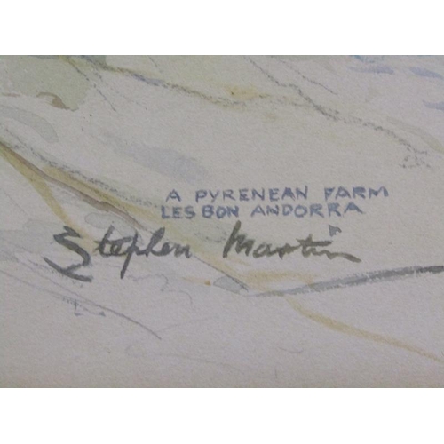 1123 - STEPHEN MARTIN - PYRENEAN FARM, LESBON ANDORRA, WATERCOLOUR, F/G, 50CM X 36CM