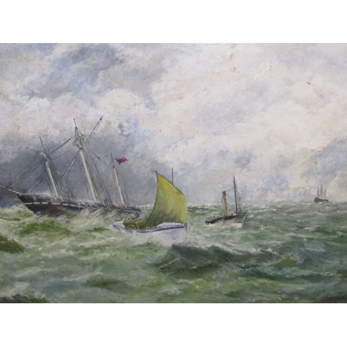 1126 - UNSIGNED - BOATS ON A ROUGH SEA, F/G, 60CM X 50CM