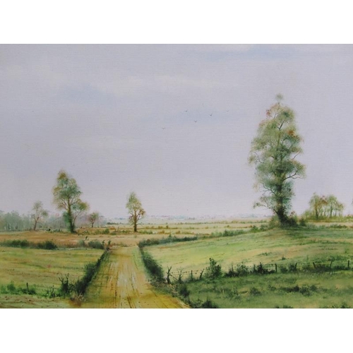 1127 - SIMON DEVERILL ATACK - EXPANSIVE FARMING LANDSCAPE, SIGNED, OIL ON CANVAS, FRAMED, 58CM X 40CM