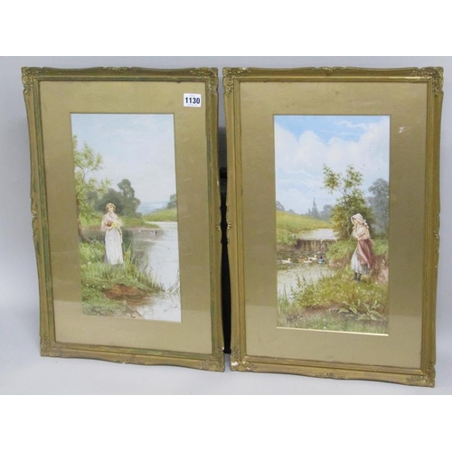 1130 - J BARCLAY - PAIR OF LATE VICTORIAN F/G WATERCOLOURS, LADIES IN A RIVER SETTING, BOTH F/G, 38CM X 19C... 