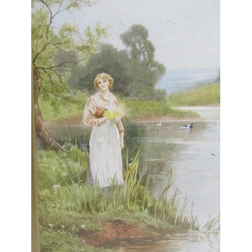 1130 - J BARCLAY - PAIR OF LATE VICTORIAN F/G WATERCOLOURS, LADIES IN A RIVER SETTING, BOTH F/G, 38CM X 19C... 