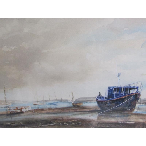 1134 - D L MASSEY 90.  BOATS IN HARBOUR AT LOW TIDE, WATERCOLOUR. F/G  35 x 49 cms