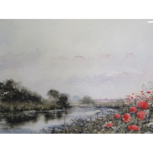 1137 - D L MASSEY - RIVERSCAPE WITH POPPIES ON BANK, WATERCOLOUR F/G 35 x 49cms