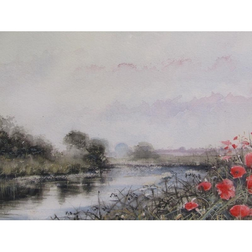 1137 - D L MASSEY - RIVERSCAPE WITH POPPIES ON BANK, WATERCOLOUR F/G 35 x 49cms