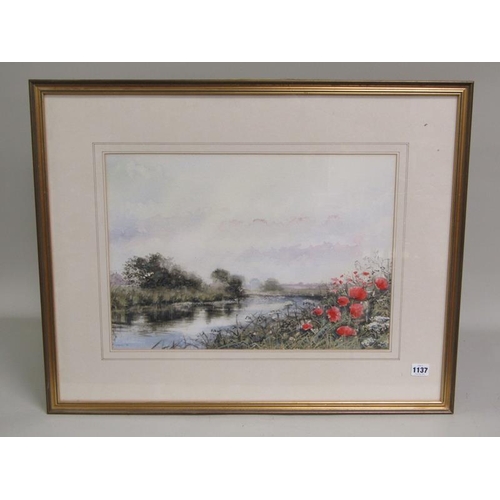 1137 - D L MASSEY - RIVERSCAPE WITH POPPIES ON BANK, WATERCOLOUR F/G 35 x 49cms