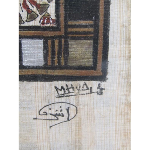 1140 - TWO EGYPTIAN PAINTINGS ON PAPYRUS LEAF - A BIRD OF PREY AND A MALE & FEMALE 24 x 19 & 41 x 31 cms