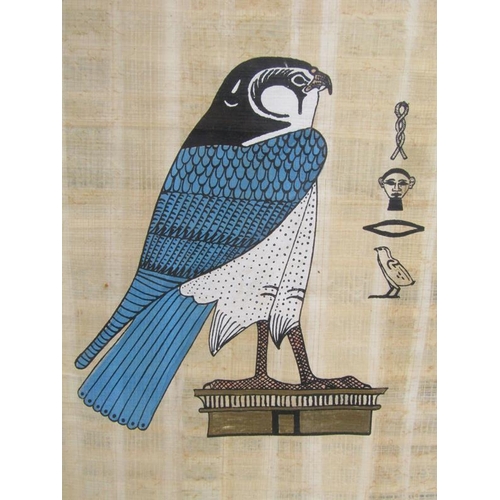 1140 - TWO EGYPTIAN PAINTINGS ON PAPYRUS LEAF - A BIRD OF PREY AND A MALE & FEMALE 24 x 19 & 41 x 31 cms