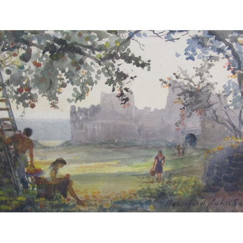 1142 - BERESFORD JOHNSON -PICKING FRUIT BY THE RUINED CASTLE,  WATERCOLOUR F/G 25 x 37 cms