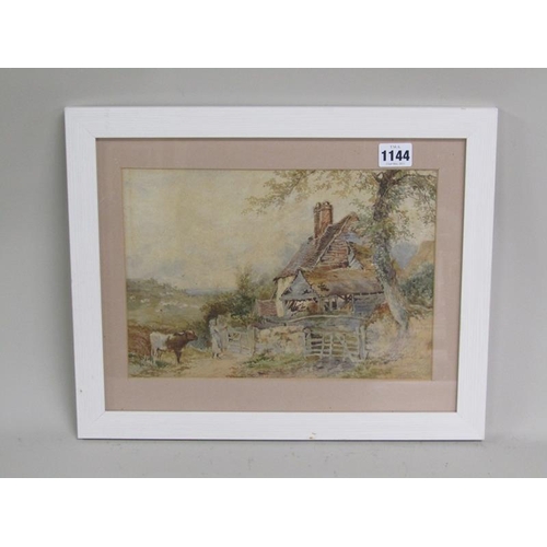 1144 - 19c LADY OPENIGN A GATE TO A COTTAGE, WATERCOLOUR, UNSIGNED 20 x 30 cms