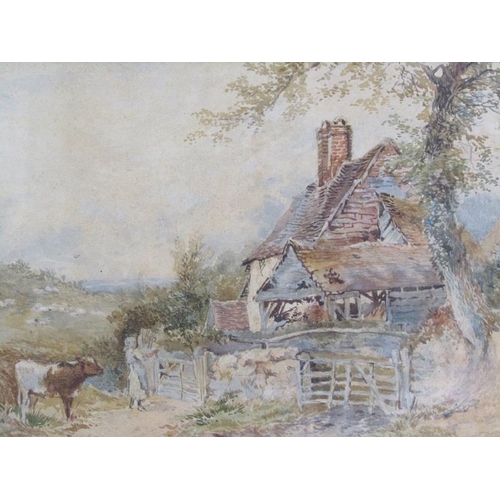 1144 - 19c LADY OPENIGN A GATE TO A COTTAGE, WATERCOLOUR, UNSIGNED 20 x 30 cms