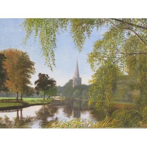 1145 - OIL ON CANVAS - RIVERSCAPE WITH CHURCH SPIRE, MONO MAA.  F/G 28 x 37 cms