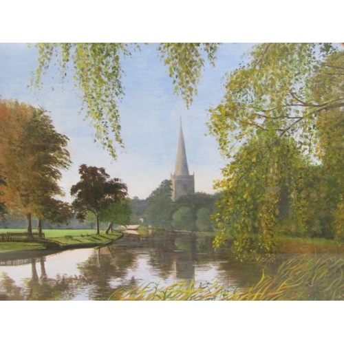 1145 - OIL ON CANVAS - RIVERSCAPE WITH CHURCH SPIRE, MONO MAA.  F/G 28 x 37 cms