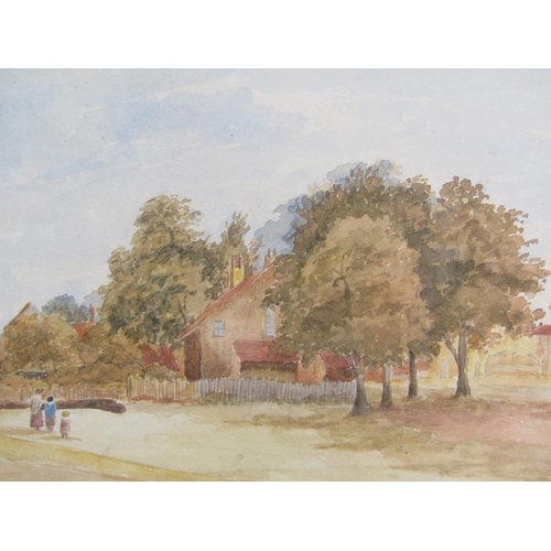 1149 - FIGURES APPROACHING A COTTAGE , UNSIGNED. LATE 19c WATERCOLOUR.  F/G 20 x 34 cms