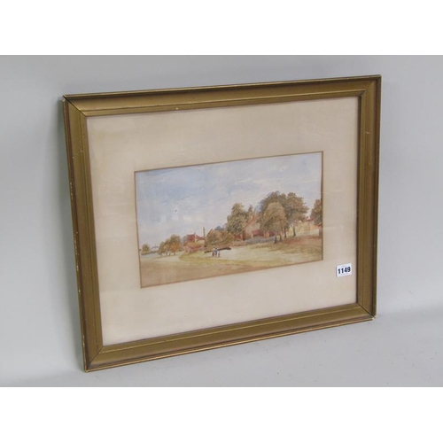 1149 - FIGURES APPROACHING A COTTAGE , UNSIGNED. LATE 19c WATERCOLOUR.  F/G 20 x 34 cms