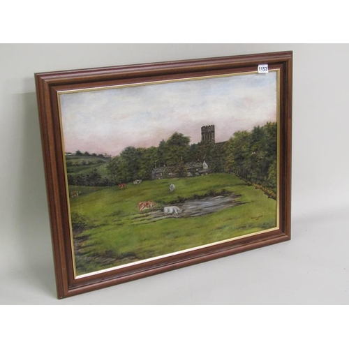 1153 - FRANK H GOOD - CATTLE IN MEADOW WITH POND, VILLAGE AND CHURCH BEYOND. OIL ON CANVAS, FRAMED 45 x 60 ... 