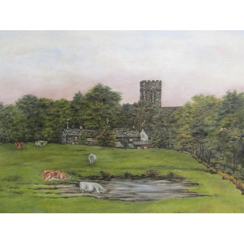 1153 - FRANK H GOOD - CATTLE IN MEADOW WITH POND, VILLAGE AND CHURCH BEYOND. OIL ON CANVAS, FRAMED 45 x 60 ... 