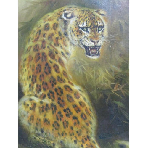 1158 - OIL ON CANVAS - A LEOPARD, UNSIGNED .  UNFRAMED 90 x 61 cmns