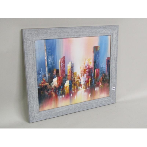 1166 - R G HARDSON - MODERN CITY SKYLINE, OIL ON CANVAS.  SIGNED.  FRAMED 49 x 60 cms