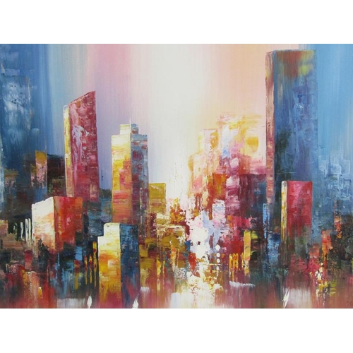 1166 - R G HARDSON - MODERN CITY SKYLINE, OIL ON CANVAS.  SIGNED.  FRAMED 49 x 60 cms