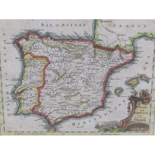 1169 - THREE ANTIQUE MAPS, HERTFORDSHIRE, MIDDLESEX AND SPAIN & PORTUGAL TOGETHER WITH COLOURED PRINT OF WR... 