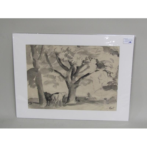 1170 - PENCIL CHARCOAL DRAWINGS, TWO OF NUDE FEMALES AND TWO OF A CORNFIELD AND OLD OAKTREE, SIGNED BY HART... 