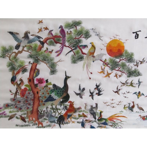 1179 - ORIENTAL SILKWORK PICTURE, PEACOCKS AND OTHER BIRDS.  F/G 33 x 55 cms