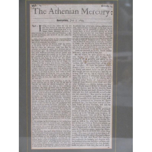 1181 - FRAMED EXTRACT FROM THE ATHENIAN MERCURY DATED SATURDAY JULY 7 1694, FRAMED 28 x 15 cms