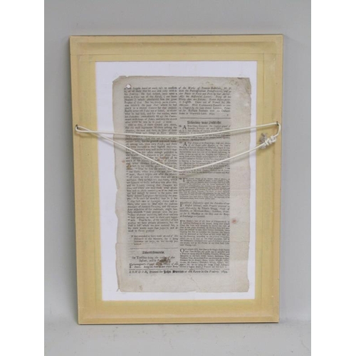 1181 - FRAMED EXTRACT FROM THE ATHENIAN MERCURY DATED SATURDAY JULY 7 1694, FRAMED 28 x 15 cms