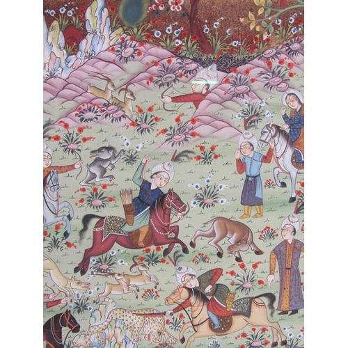 1182 - ORIENTAL F/G WATERCOLOUR OF A HUNTING SCENE WITH GILT HIGHLIGHTS 49 x 37 cms