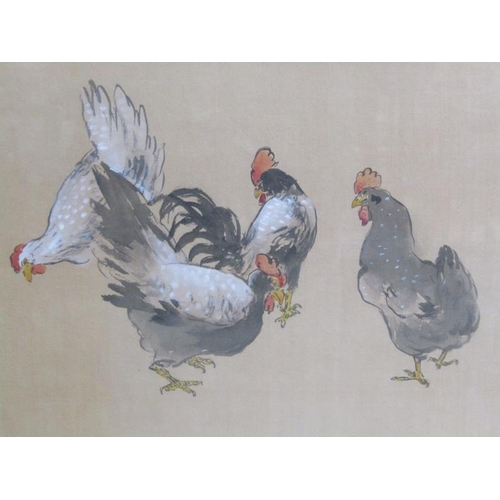 1184 - ORIENTAL PAINTING ON PAPER, FOUR CHICKENS SIGNED 39 x 29 cms