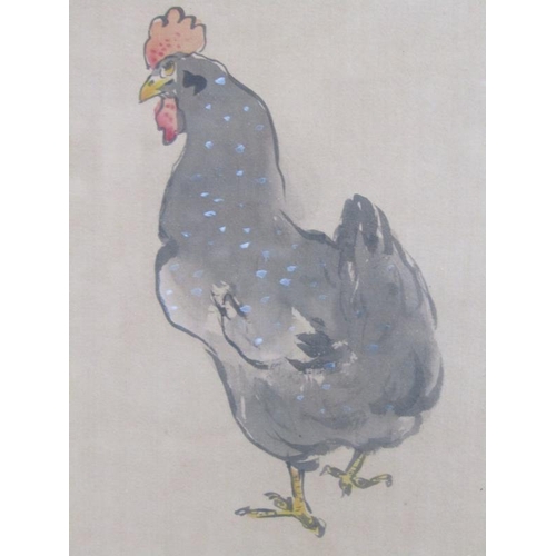 1184 - ORIENTAL PAINTING ON PAPER, FOUR CHICKENS SIGNED 39 x 29 cms