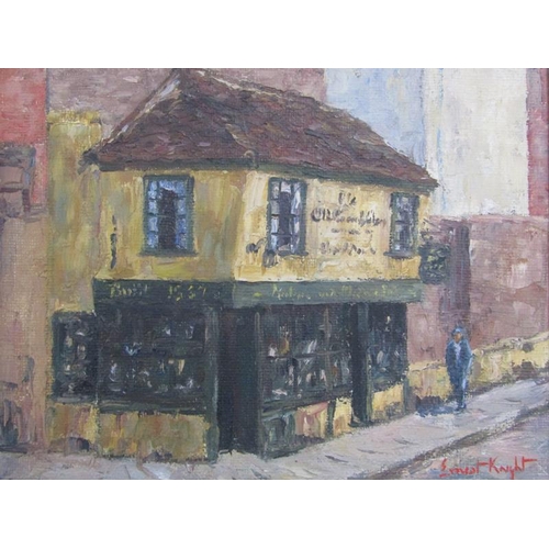 1189 - ERNEST KNIGHT, THE OLD CURIOSITY SHOP.  OIL ON PANEL.  SIGNED FRAMED 29 x 37 cms