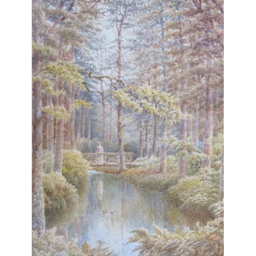 1192 - LATE 19c FIGURE ON A WOODEN BRIDGE IN A WOODLAND SETTING, UNSIGNED .  F/G 51 x 35 cms