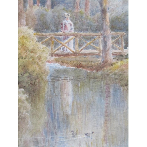 1192 - LATE 19c FIGURE ON A WOODEN BRIDGE IN A WOODLAND SETTING, UNSIGNED .  F/G 51 x 35 cms