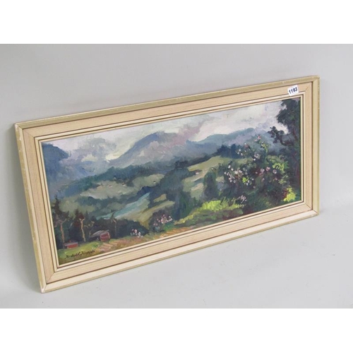 1193 - CONTEMPORARY OIL ON PANEL, EUROPEAN SUMMERTIME LANDSCAPE WITH MOUNTAINS IN THE DISTANCE - SIGNED IND... 