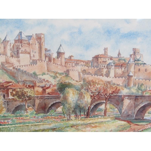 1194 - ROBERT - FRENCH CASTLE ON HILLTOP CLOSE TO A RIVER AND A STONE BRIDGE F/G 23 x 34 cms