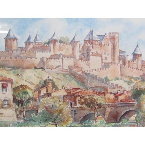 1194 - ROBERT - FRENCH CASTLE ON HILLTOP CLOSE TO A RIVER AND A STONE BRIDGE F/G 23 x 34 cms