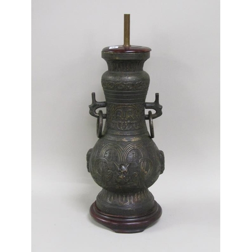 1231 - ORIENTAL CAST BRONZED LAMP, 47CM H