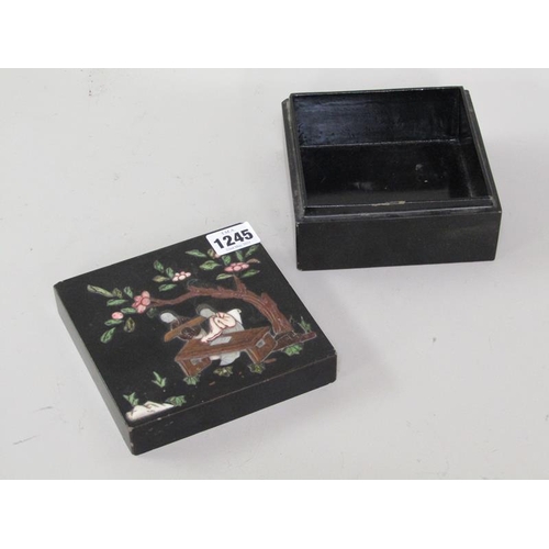 1245 - ORIENTAL BLACK LACQUERED BOX WITH MOTHER OF PEARL DECORATION, 13.5CM SQ