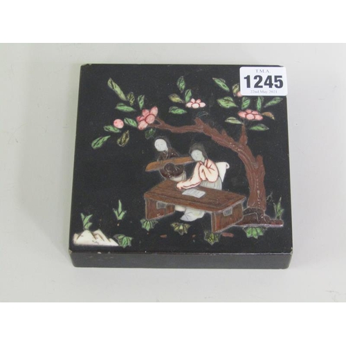 1245 - ORIENTAL BLACK LACQUERED BOX WITH MOTHER OF PEARL DECORATION, 13.5CM SQ